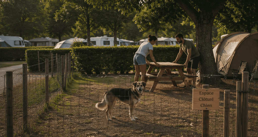 Camping avec emplacement clôturé pour chien, chien détendu derrière une barrière