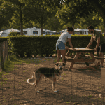 Camping avec emplacement clôturé pour chien, chien détendu derrière une barrière