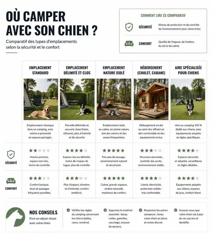 Comparatif des types d'emplacements de camping avec emplacement clôturé pour chien