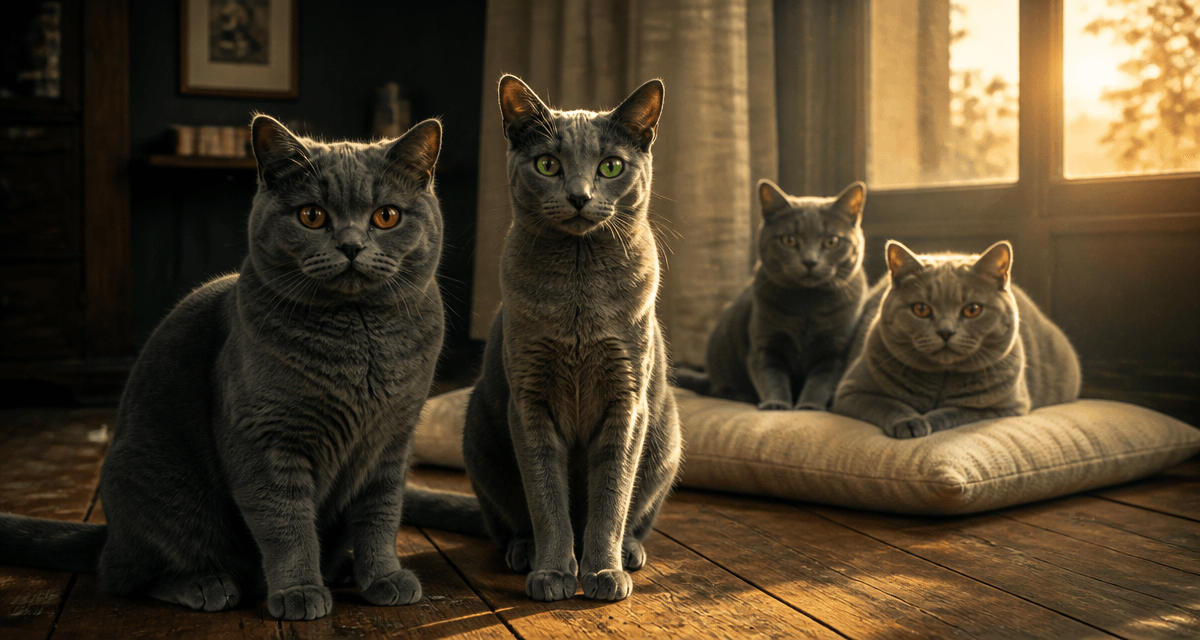 quatre chats gris bleu de race posés sur parquet