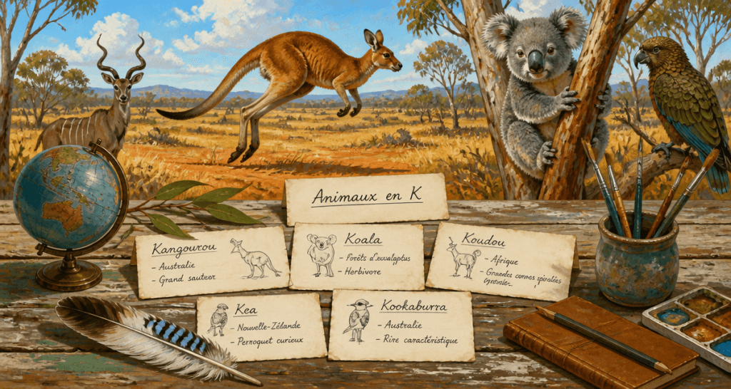 animal en k sur fiches avec kangourou koala koudou kea