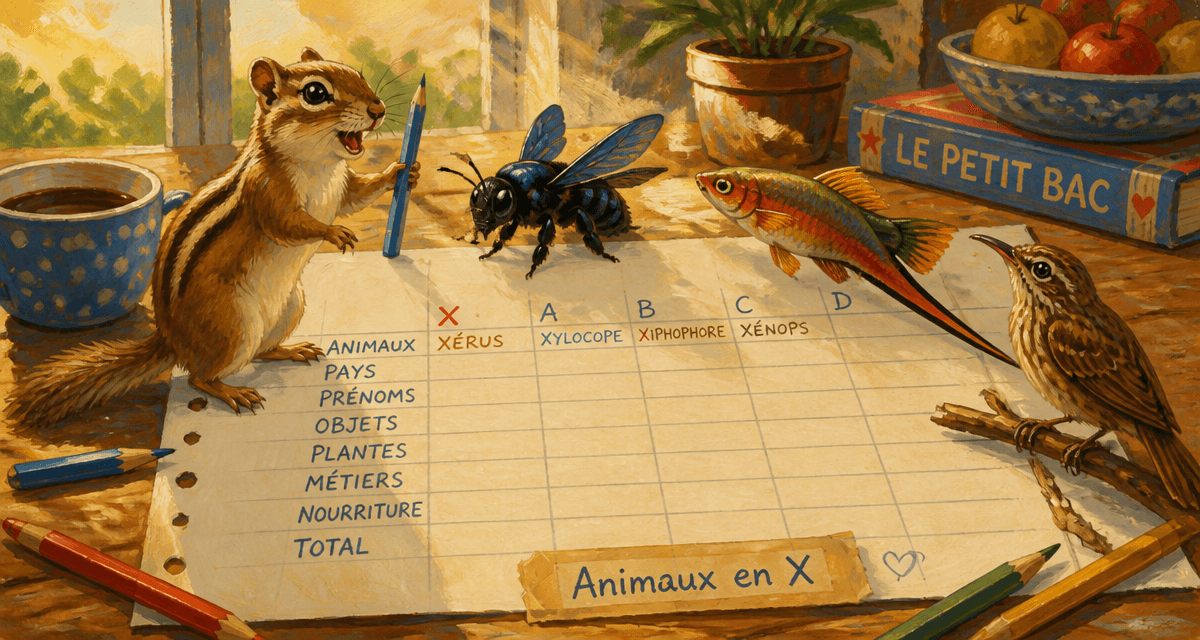 animal en x petit bac sur feuille de jeu