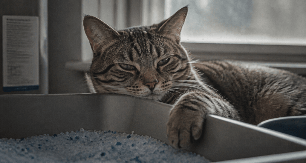 chat malade qui se couche dans sa litière