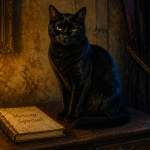 chat noir message spirituel sur commode ancienne