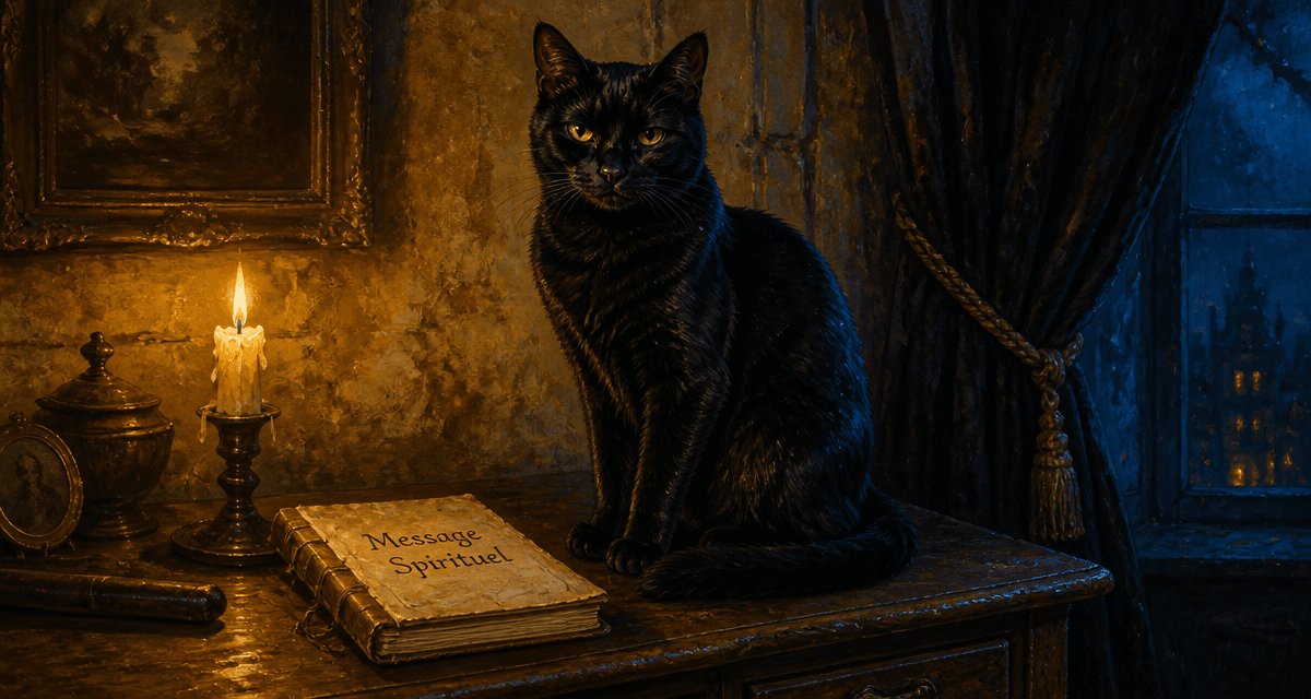 chat noir message spirituel sur commode ancienne