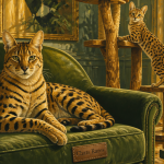 Chat rare Ashera et Savannah sur fauteuil et arbre à chat