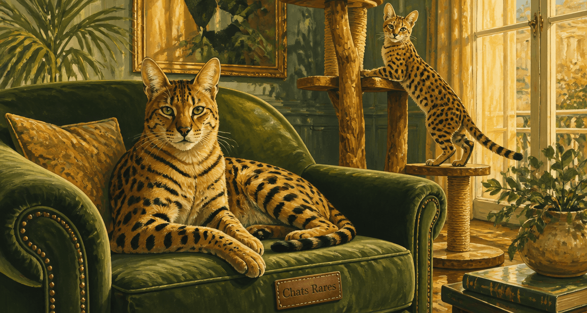 Chat rare Ashera et Savannah sur fauteuil et arbre à chat