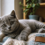 Chat tout mignon allongé sur couverture près fenêtre