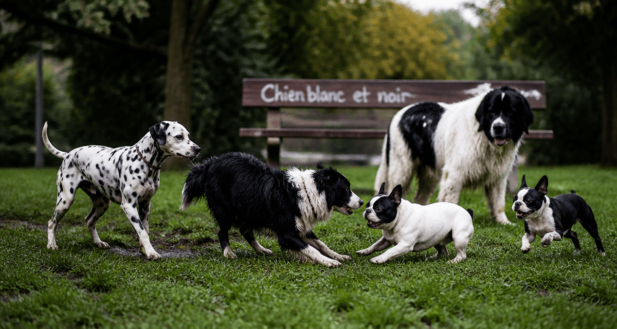 Cinq chiens blanc et noir jouent dans un parc