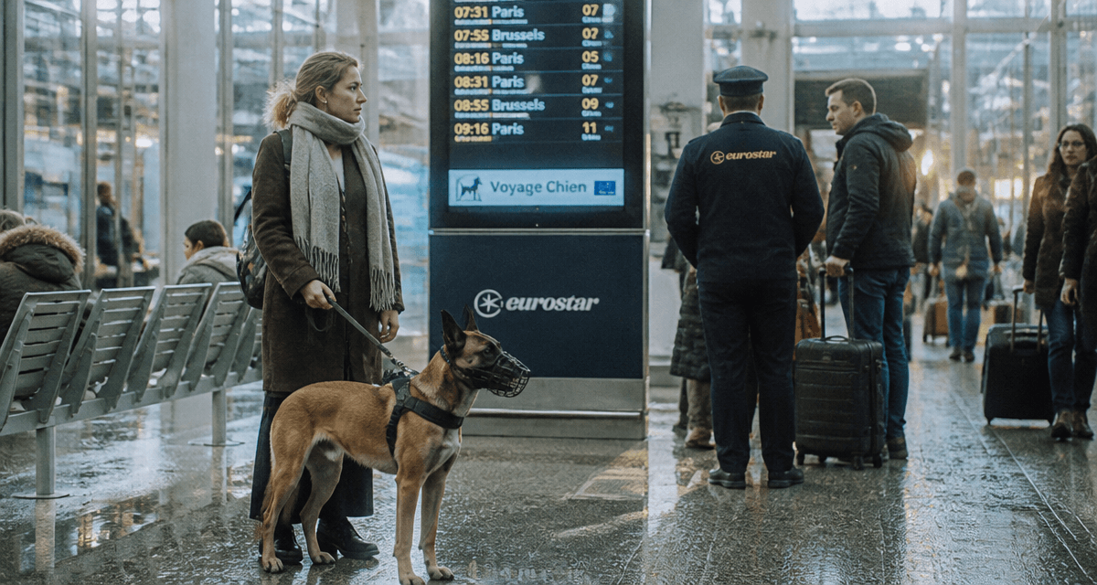 Chien Eurostar en gare avec maître