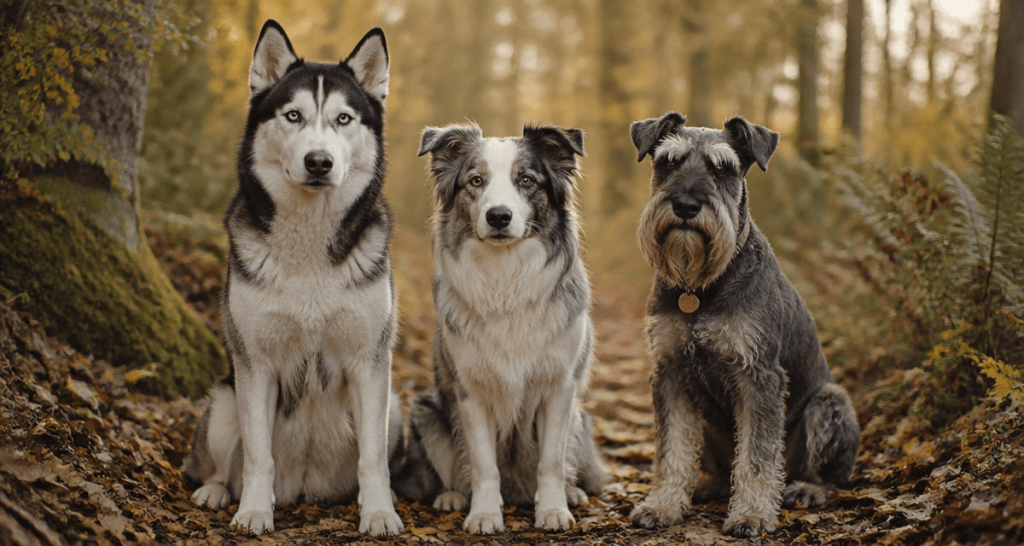 Trois chien gris blanc races forêt