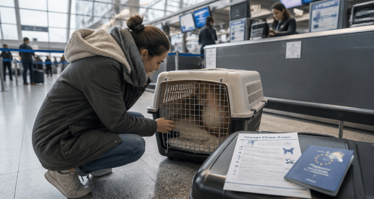 chien par avion devant comptoir avec cage et documents