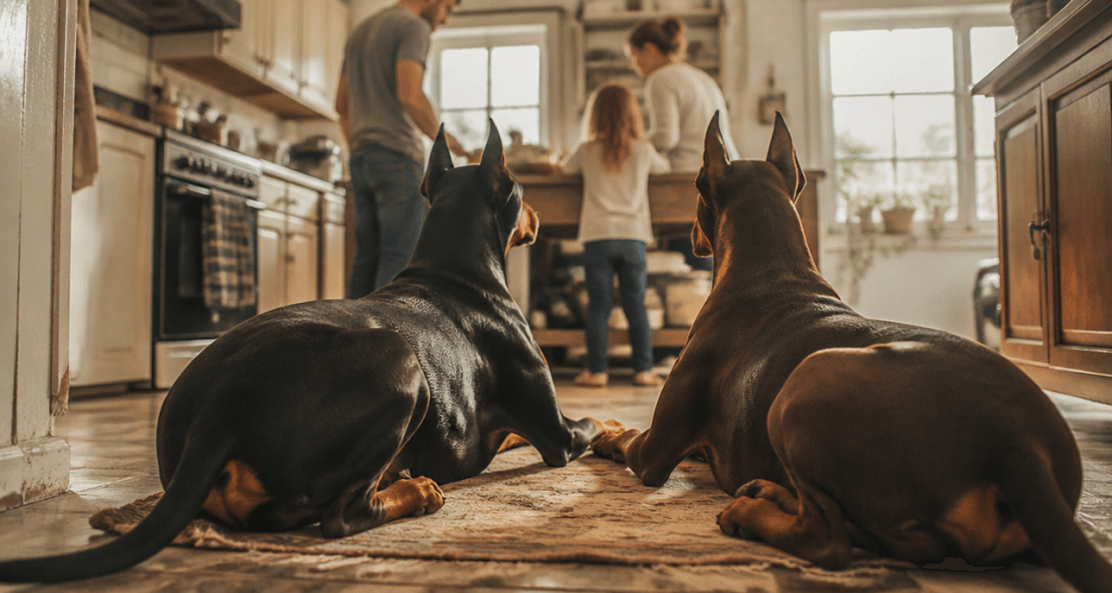 doberman couleur noir et marron sur tapis