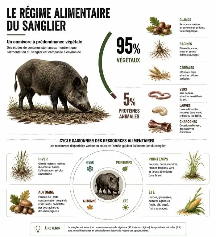 Infographie sur le régime alimentaire du sanglier et ses préférences saisonnières