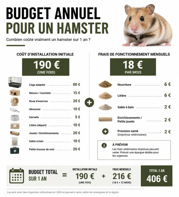 Infographie du budget annuel pour l'entretien d'un hamster : coûts d'achat, équipement et frais mensuels