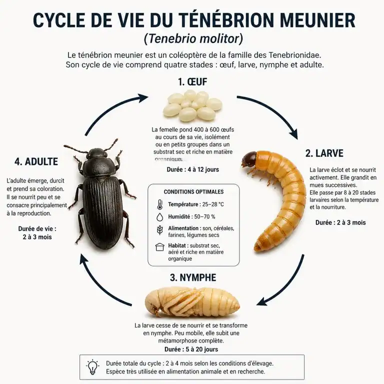 Cycle de vie du ténébrion meunier pour l'élevage de vers de farine pour poules
