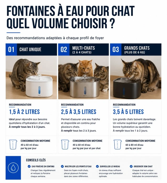 Infographie comparative des capacités de fontaines à eau pour chat selon le profil du foyer