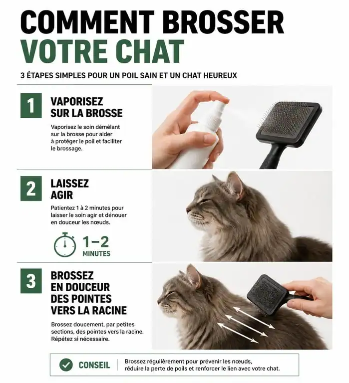 Infographie étapes brossage chat avec démêlant