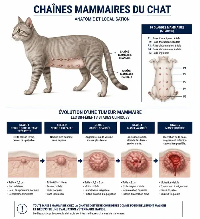 Schéma illustrant les stades d'évolution d'une tumeur mammaire chez le chat pour aider à la détection précoce.
