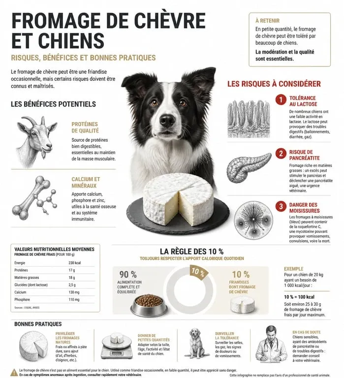 Infographie sur les risques et bénéfices du fromage de chèvre pour chien