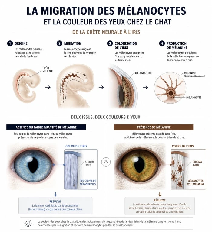 Schéma explicatif de l'hétérochromie chez le chat : le rôle des mélanocytes dans la couleur des yeux vairons.