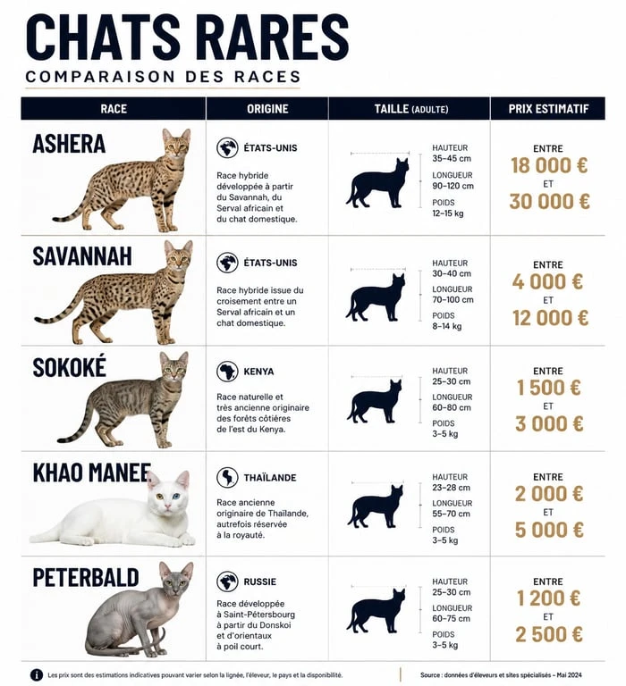 Infographie comparative des races de chats rares et leurs caractéristiques