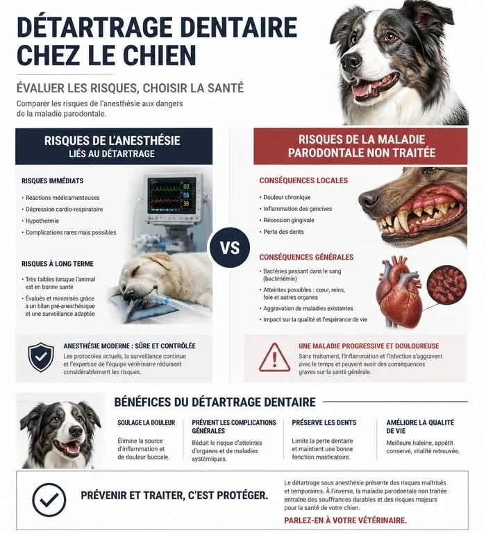 Infographie sur les risques et bénéfices du détartrage chien danger