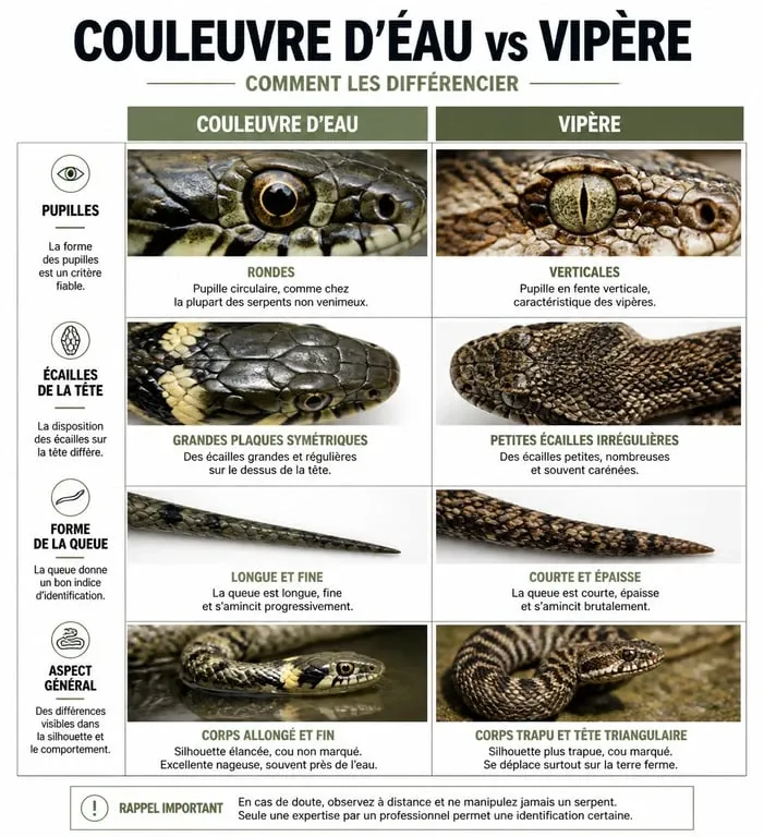 Infographie comparative : identification serpent d'eau douce couleuvre vs vipère