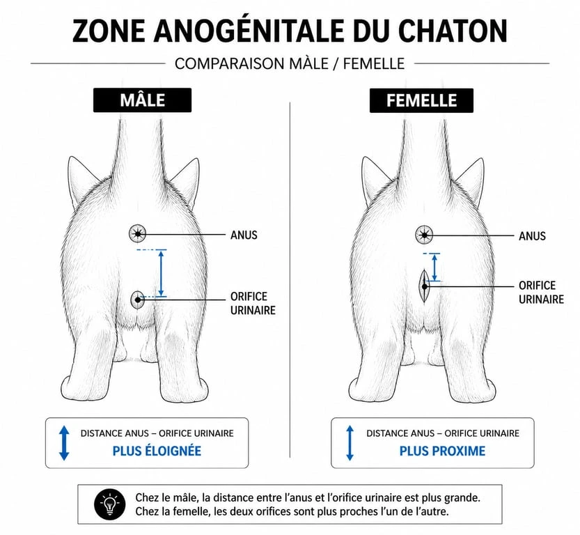 Schéma comparatif pour le sexage des chatons : mâle vs femelle