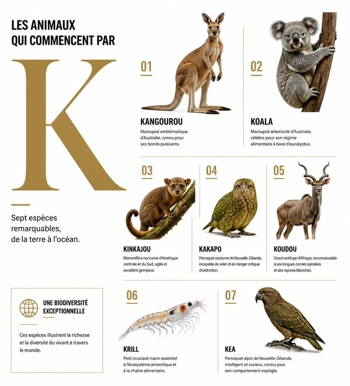 Infographie des animaux commençant par la lettre K pour le Petit Bac