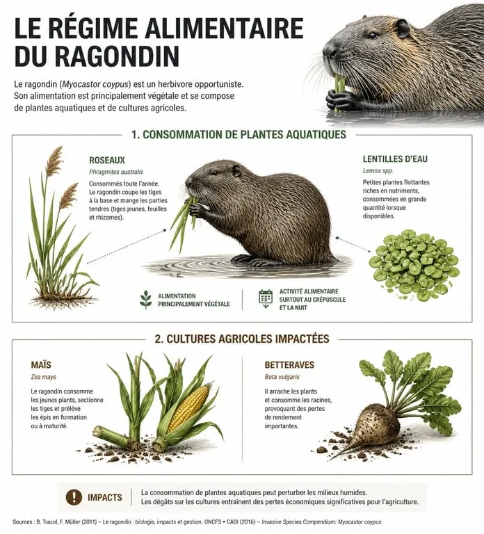 Infographie sur le régime alimentaire du ragondin et les plantes consommées
