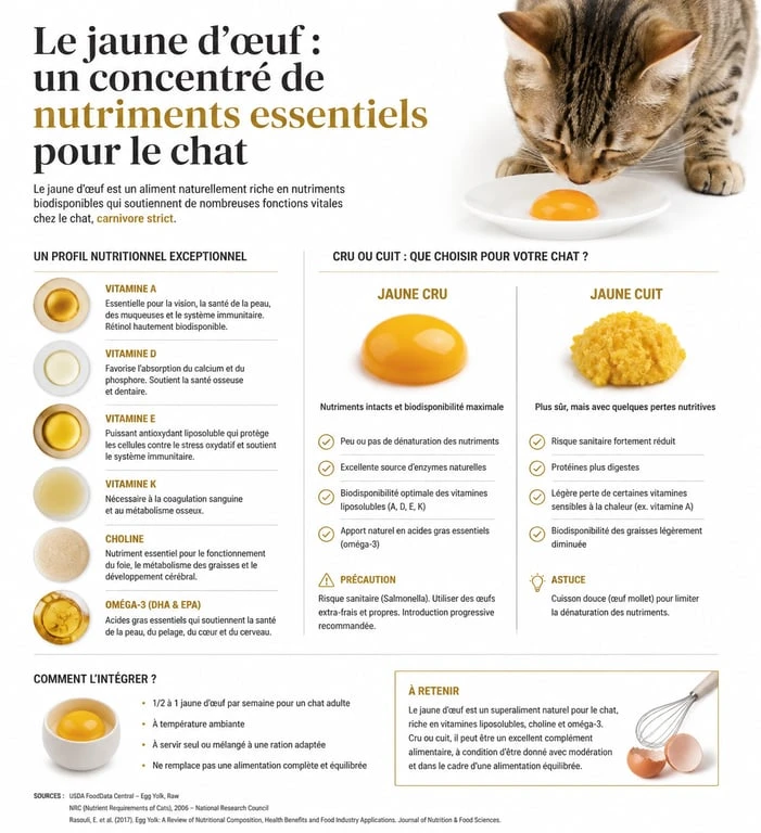 Infographie des bienfaits et apports nutritionnels du jaune d'œuf pour chat