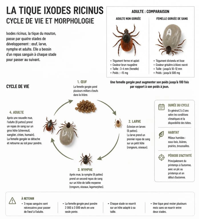 Schéma comparatif d'une tique blanche gorgée de sang sur un chien et cycle de vie du parasite