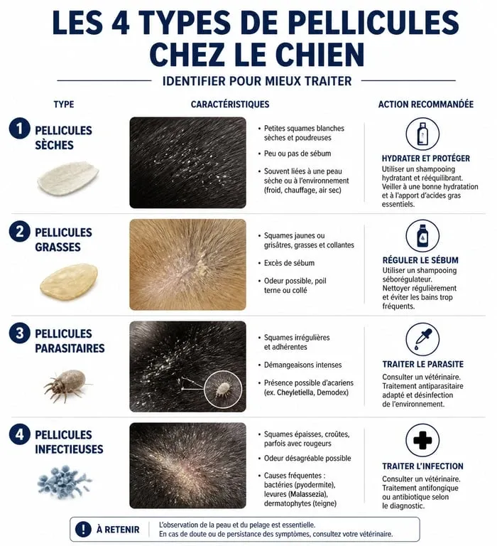 Infographie des types de pellicules chez le chien et solutions associées