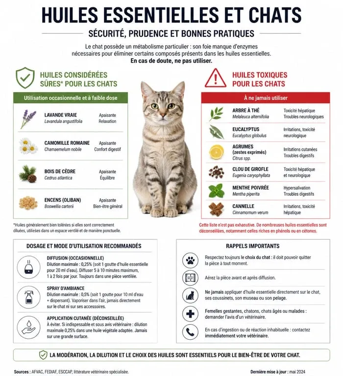 Infographie sur la sécurité des huiles essentielles pour les chats : guide des huiles toxiques et sûres