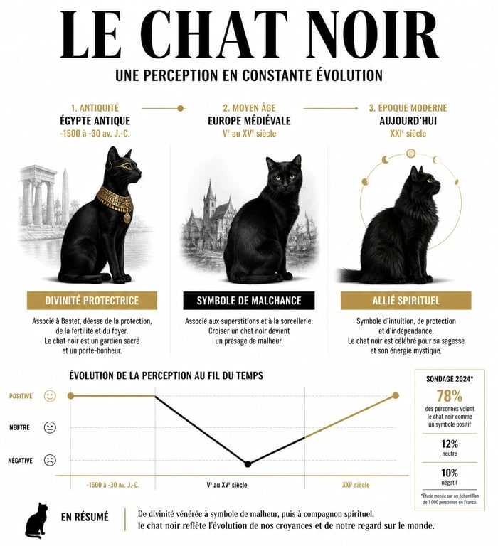 Infographie sur la symbolique et la signification spirituelle du chat noir à travers les époques