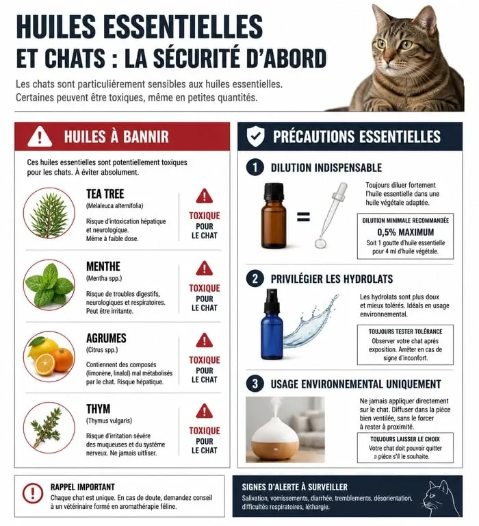 Infographie sécurité huiles essentielles anti puce chat : huiles toxiques et précautions d'usage