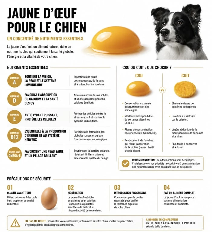 Infographie des bienfaits et précautions du jaune d'œuf pour chien