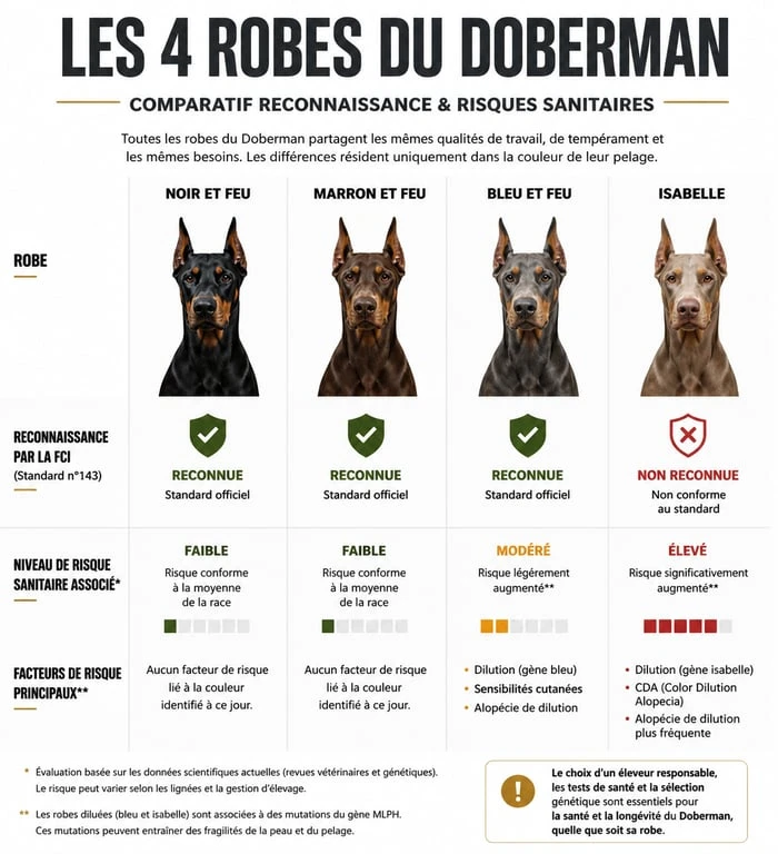 Tableau comparatif des couleurs de robe du Doberman et risques sanitaires associés