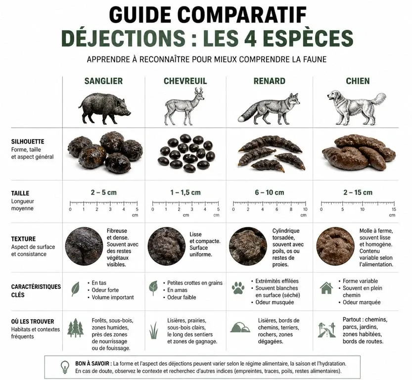 Comparatif visuel des crottes de sanglier, chevreuil, renard et chien pour identification