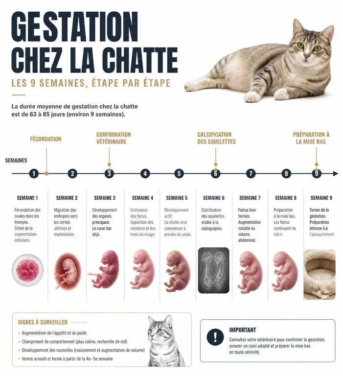 Infographie des étapes de la gestation chez la chatte