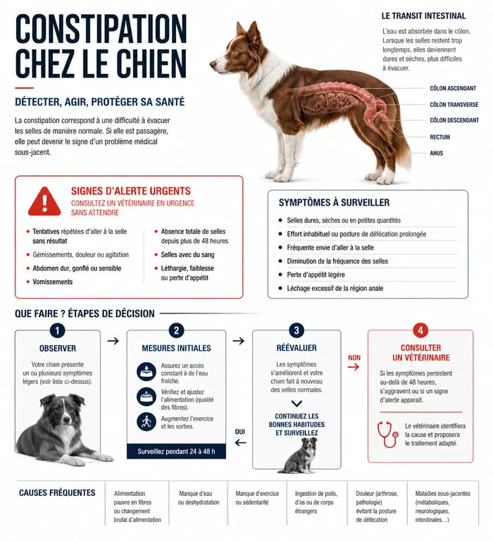 Infographie des signes d'alerte et conseils en cas de chien constipé