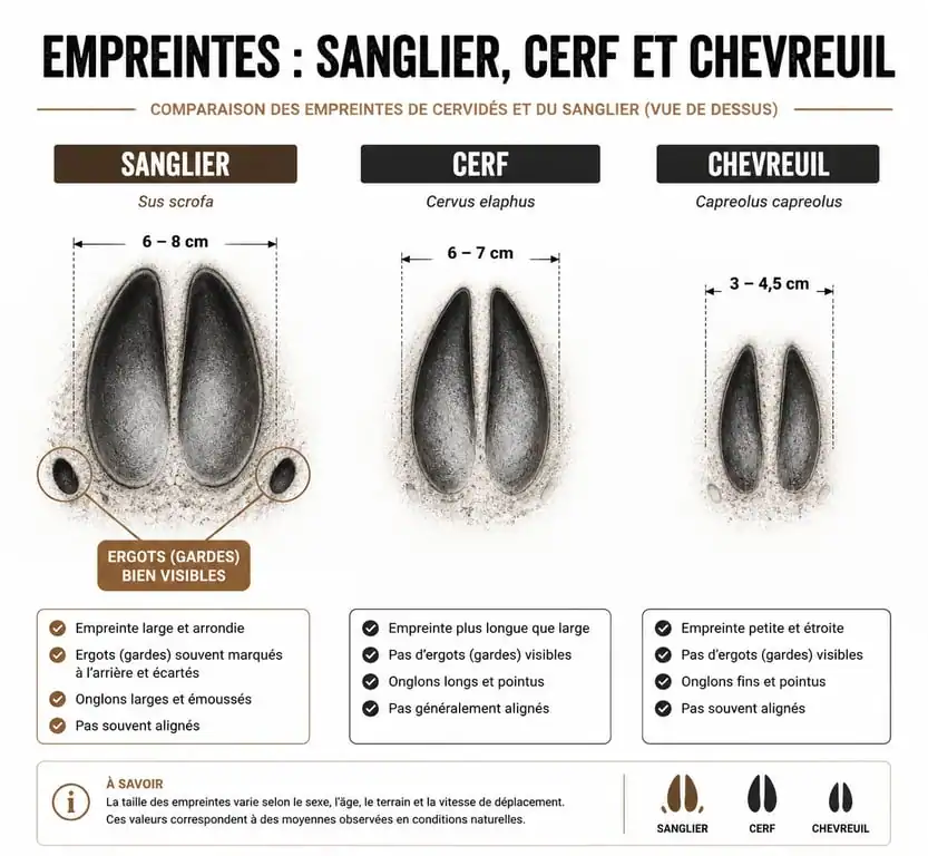 Comparatif visuel des empreintes de sanglier, cerf et chevreuil pour identification en forêt