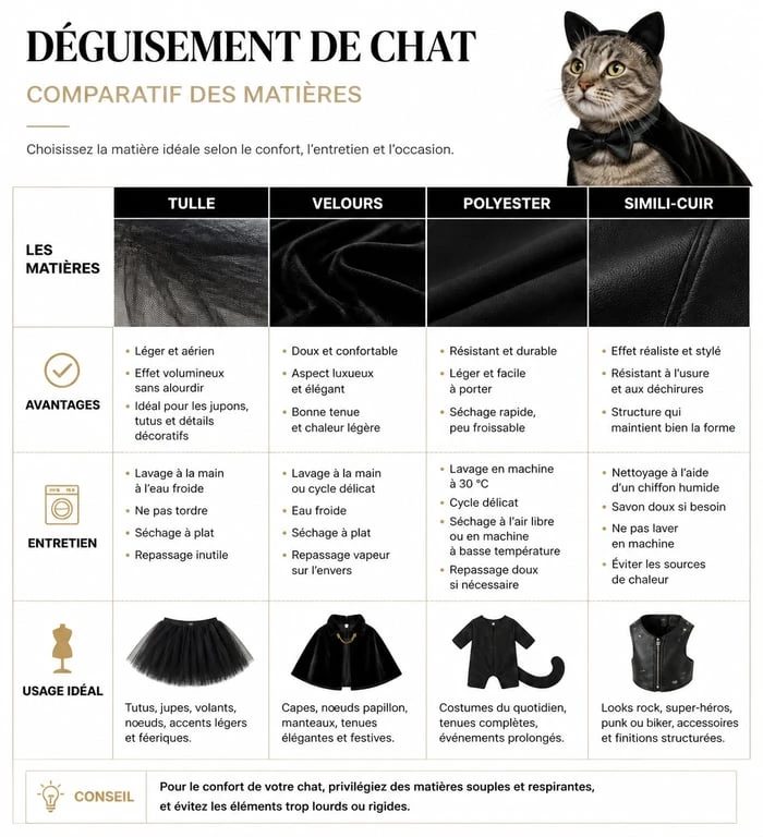 Tableau comparatif des matières pour déguisement chat : tulle, velours, polyester et simili-cuir.