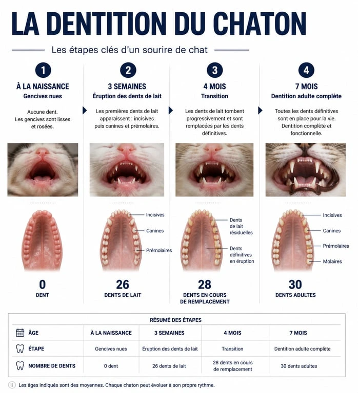 Infographie sur les étapes de la perte des dents chez le chaton et la pousse des dents définitives