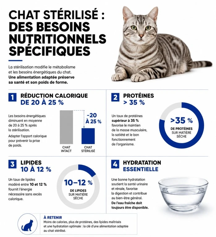Infographie des besoins nutritionnels pour chat stérilisé : protéines, lipides et gestion des calories
