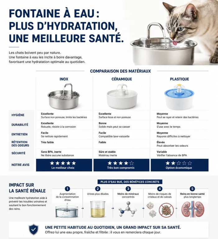 Infographie comparative des matériaux de fontaine à eau pour chat et bénéfices santé vétérinaire
