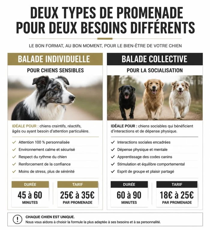 Infographie comparative des services de promeneur de chien : balade individuelle vs collective et tarifs