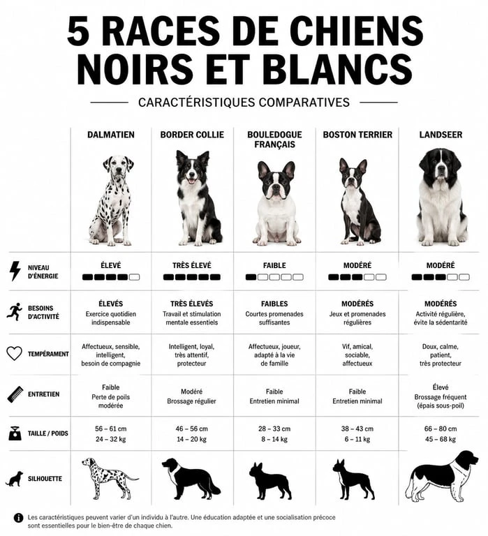 Infographie comparative des races de chiens blancs et noirs : Dalmatien, Border Collie, Bouledogue Français, Boston Terrier et Landseer.