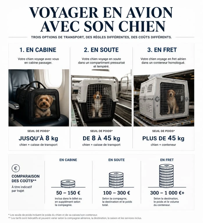 Infographie comparative des modes de transport pour chien par avion : cabine, soute et fret
